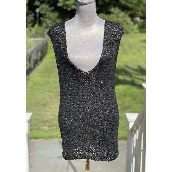Free People Billie Black Vegan Leather Crocheted Tunic Minidress Deep Vee Sz S - Picture 2 of 10